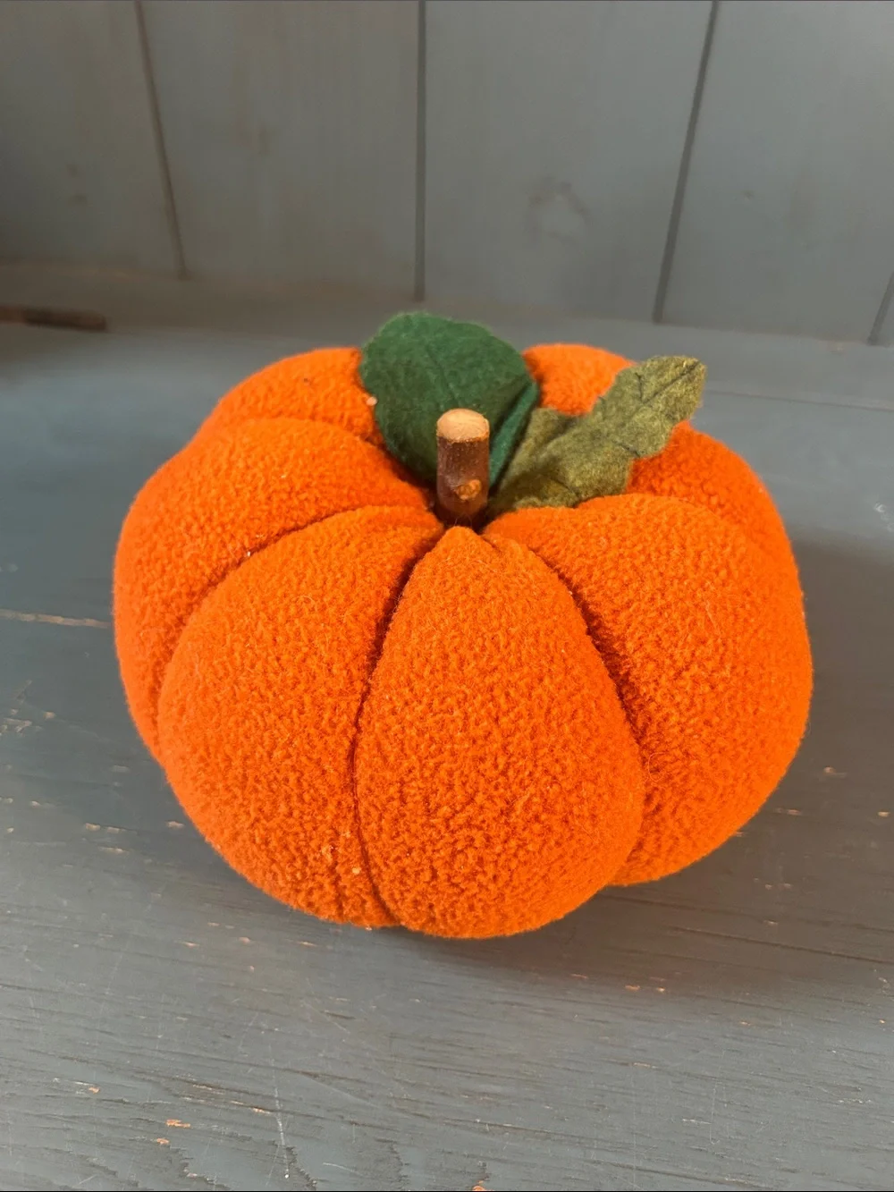 Plush Felt Orange Pumpkin Fall Decor with Green Leaf & Wood Stem | Halloween